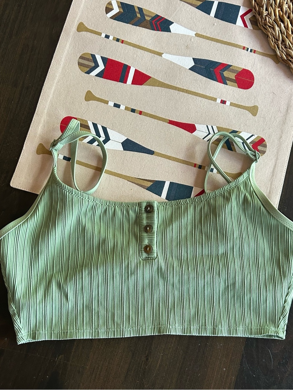 aerie Sage Green Ribbed Crop Swim Cami with Button Placket Size M